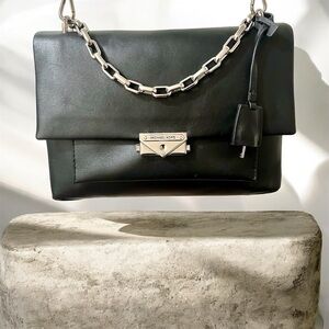 Michael Kors Black Locking Shoulder Bag with Silver Chain